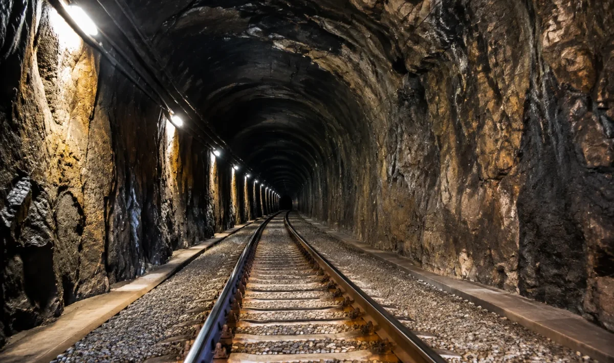 Tunnel de montagne souterrain éclairé par lampes, rails vides s'enfonçant dans l'obscurité