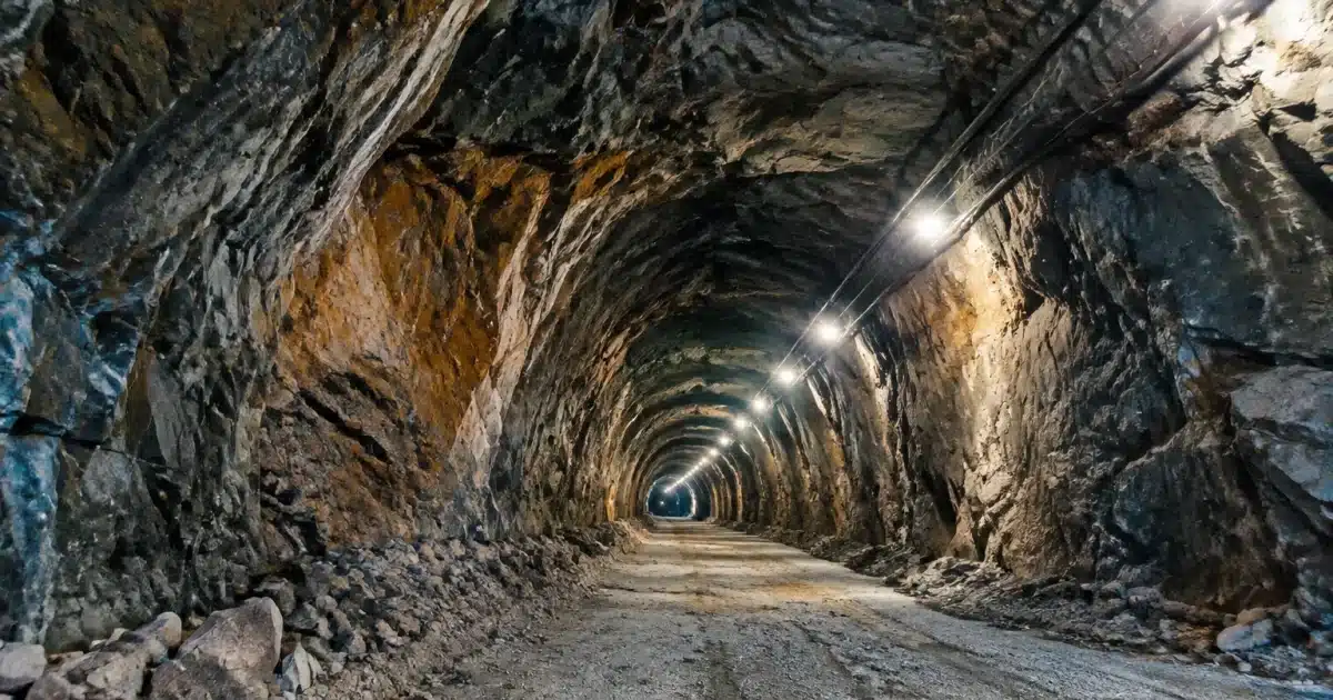 Tunnel souterrain massif creuse profondement sous montagne rocheuse Nevada