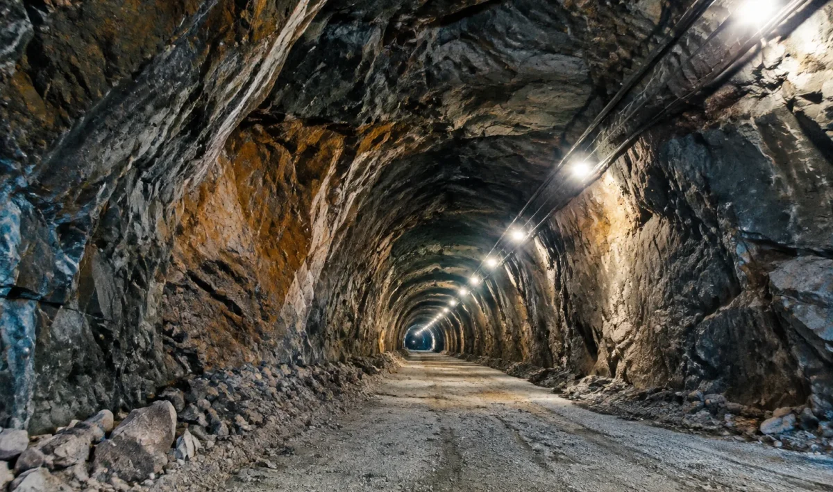 Tunnel souterrain massif creuse profondement sous montagne rocheuse Nevada