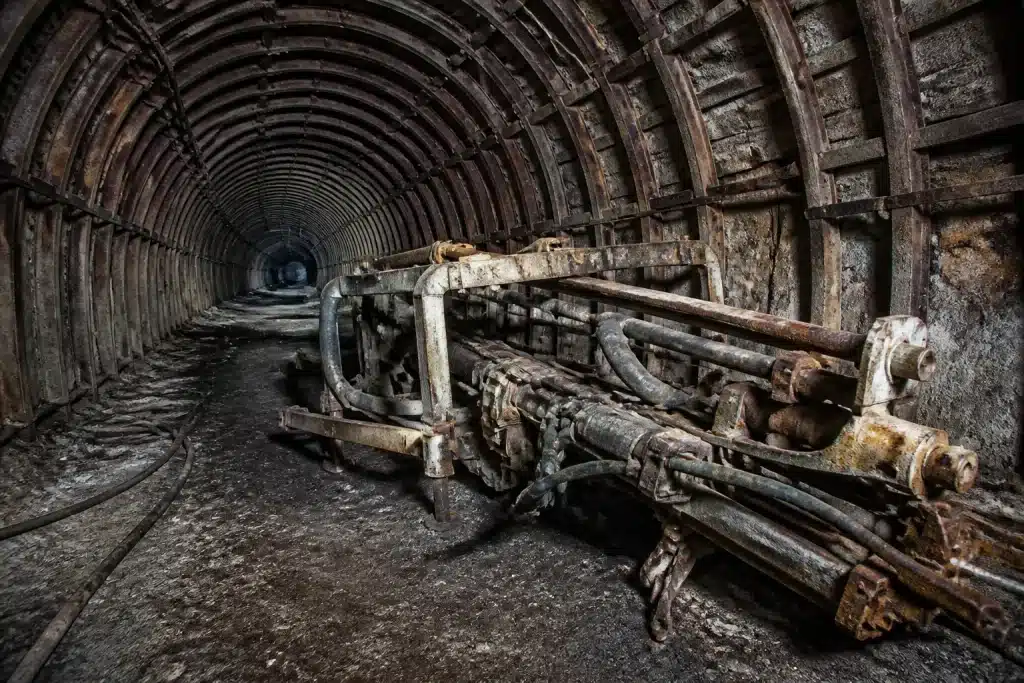 Tunnel souterrain vide avec equipements de forage abandonnes