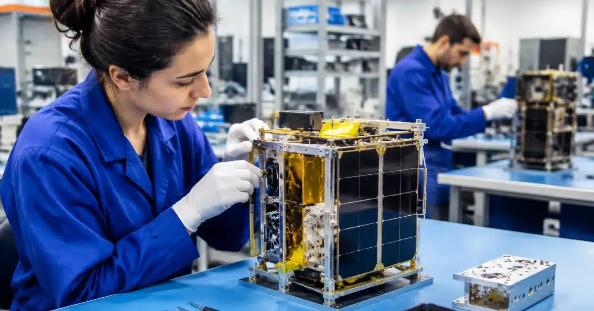 Chaîne de montage industrielle assemblant composants de satellite sur établi