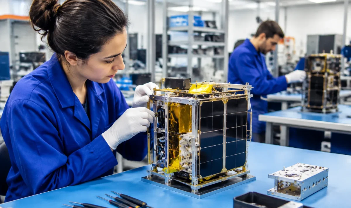 Chaîne de montage industrielle assemblant composants de satellite sur établi