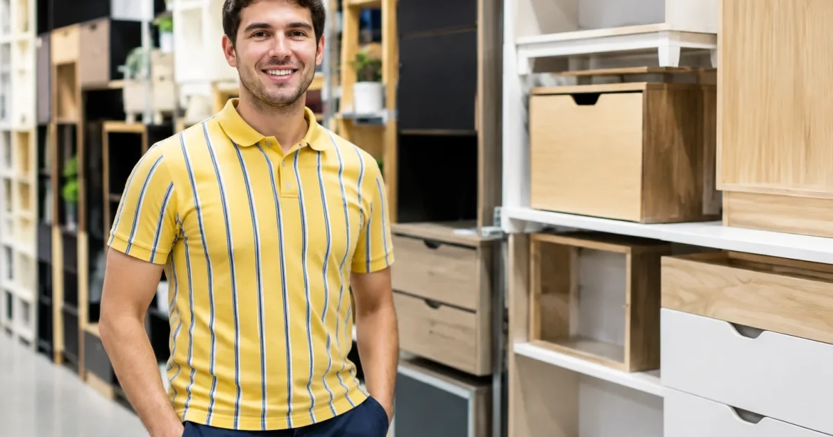 Vendeur IKEA debout devant rayonnage de mobilier