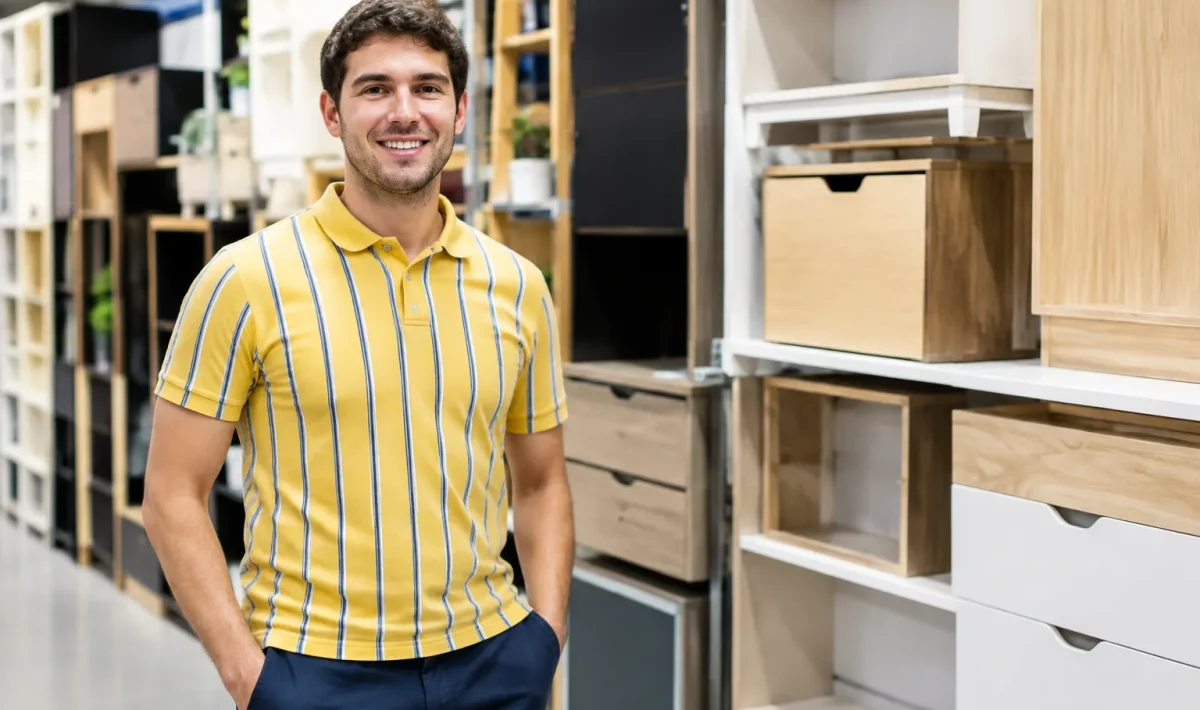 Vendeur IKEA debout devant rayonnage de mobilier