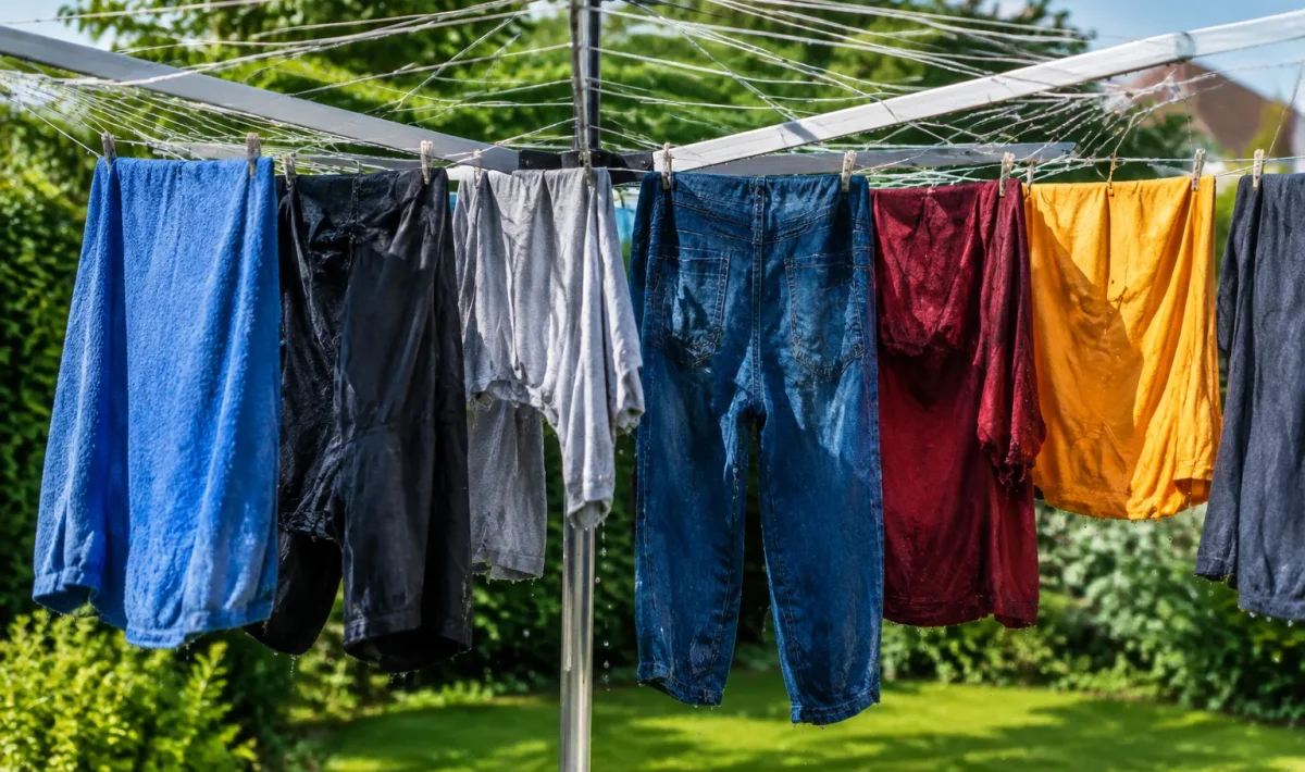 Vetements humides pendant sur etendoir parapluie bras radiaux