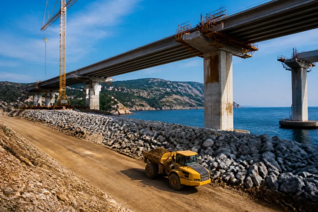 Viaduc en construction surplombant digue operationnelle