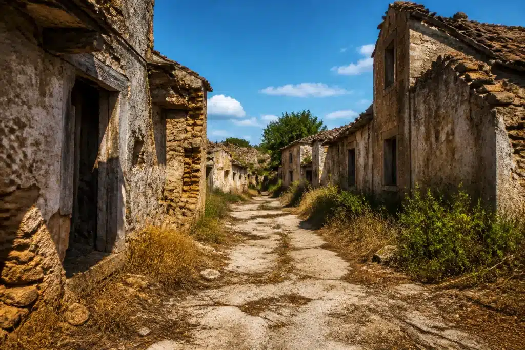 Village vide avec maisons abandonnees et routes defaillantes
