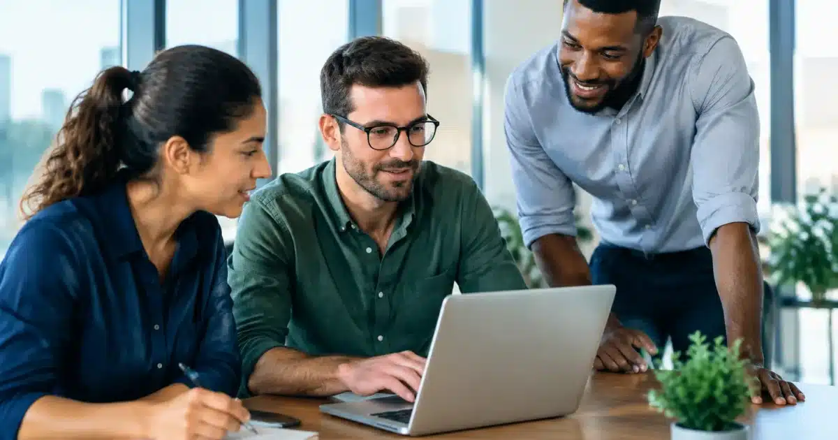 Professionnels travaillant ensemble dans bureau moderne lumineux