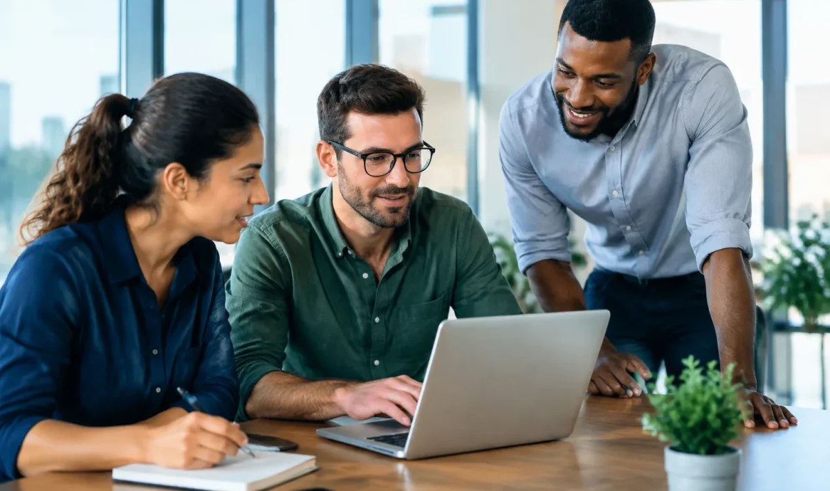 Professionnels travaillant ensemble dans bureau moderne lumineux