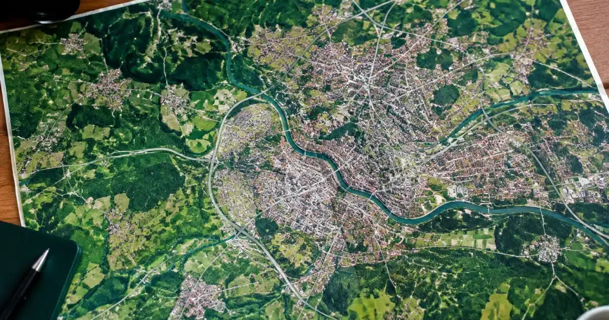 Carte géographique montrant villes dispersées entre zones vertes et urbaines denses