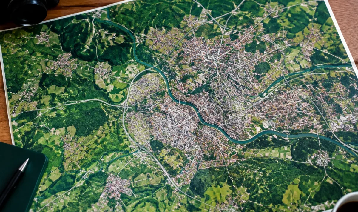 Carte géographique montrant villes dispersées entre zones vertes et urbaines denses