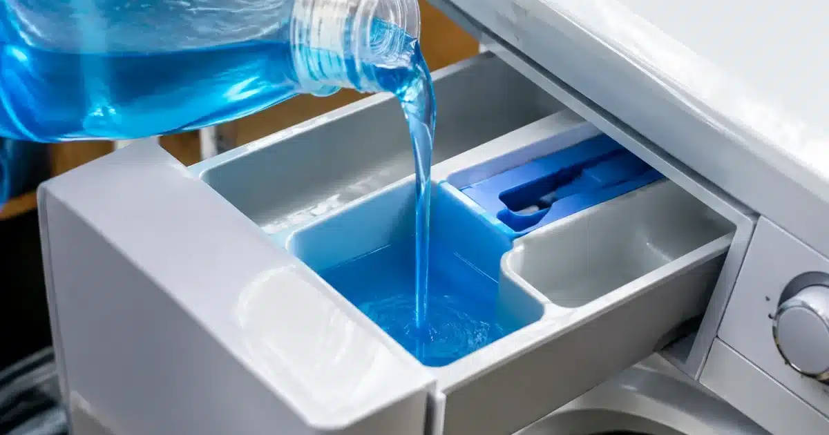 Main versant liquide transparent dans compartiment ouvert machine a laver