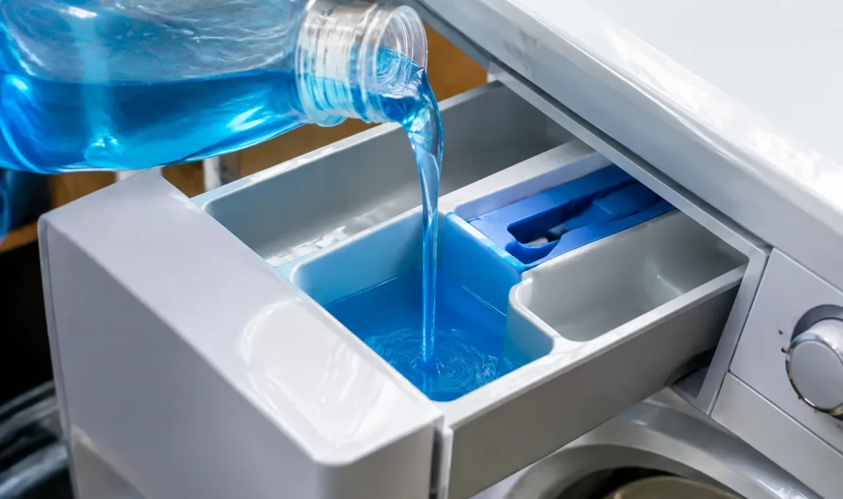 Main versant liquide transparent dans compartiment ouvert machine a laver