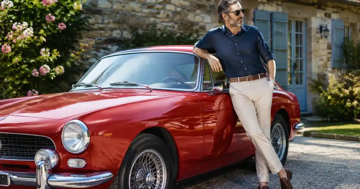 Voiture ancienne stationnée devant maison, proprietaire appuye contre portiere
