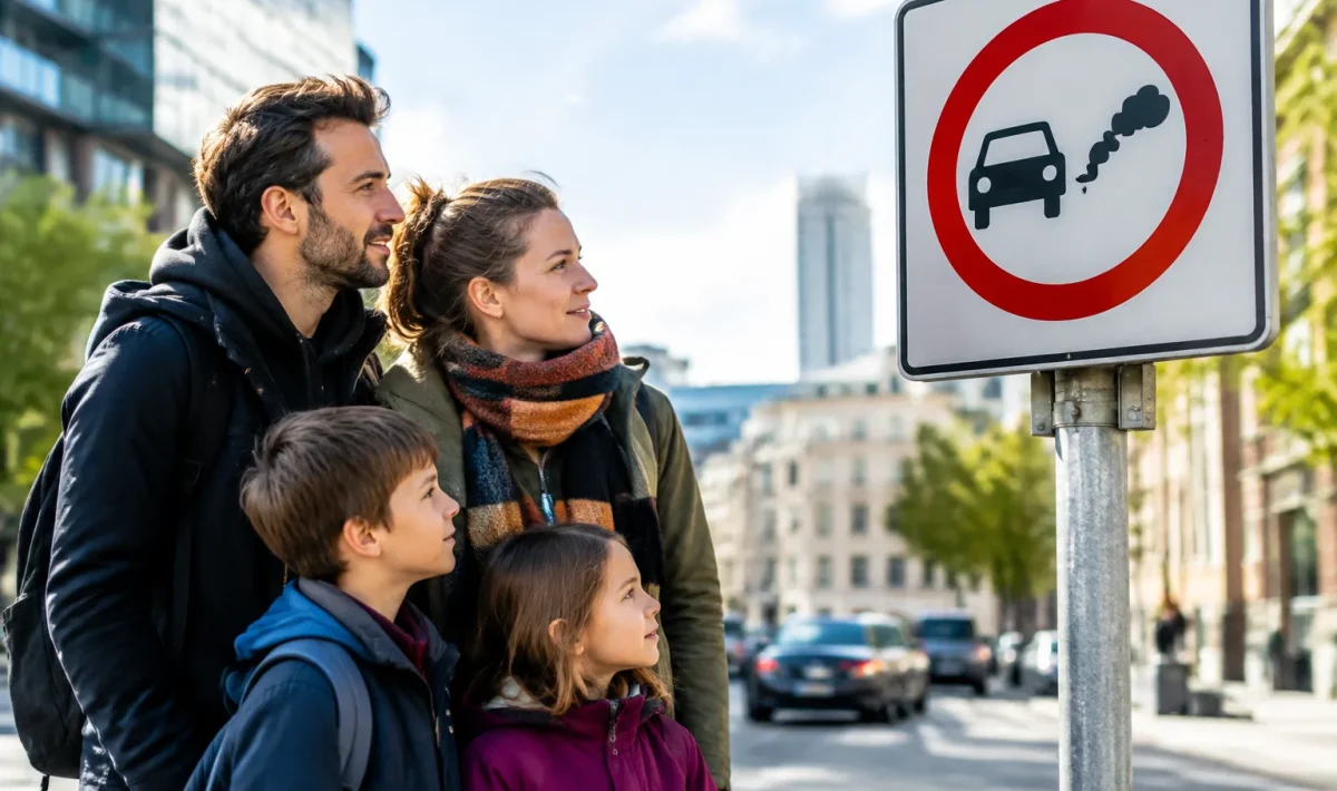 Famille modeste debout devant panneau circulation zones emissions restricties