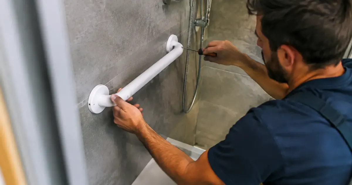 Artisan fixant une barre d'appui blanche dans la douche