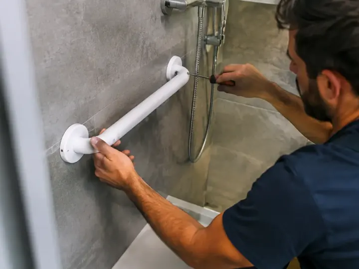 Artisan fixant une barre d'appui blanche dans la douche
