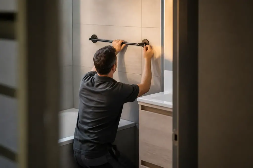 Artisan fixant une barre metallique dans salle de bain