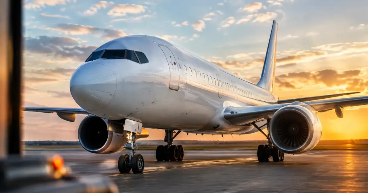 Avion blanc stationne sur tarmac, roues au sol