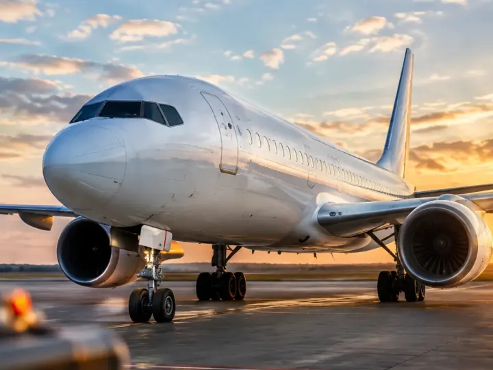 Avion blanc stationne sur tarmac, roues au sol