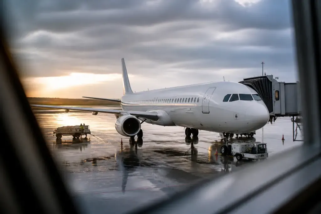 Avion de ligne blanc stationne sur tarmac pluvieux