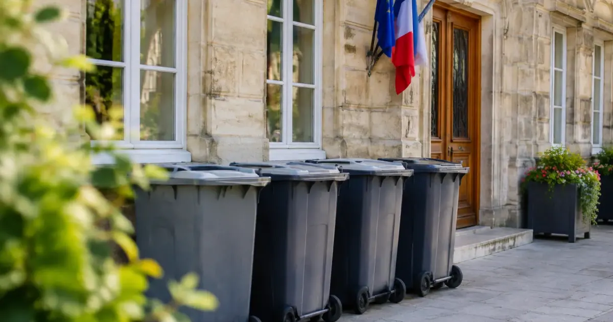 Bacs gris alignes devant la mairie, facture posee