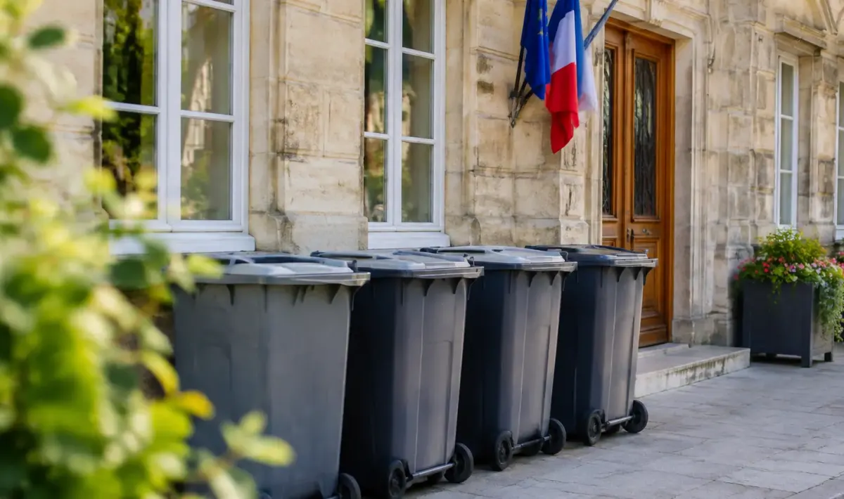 Bacs gris alignes devant la mairie, facture posee