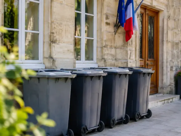 Bacs gris alignes devant la mairie, facture posee