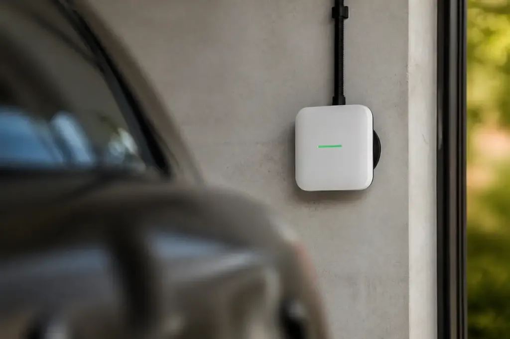 Borne murale blanche avec voyant vert dans garage