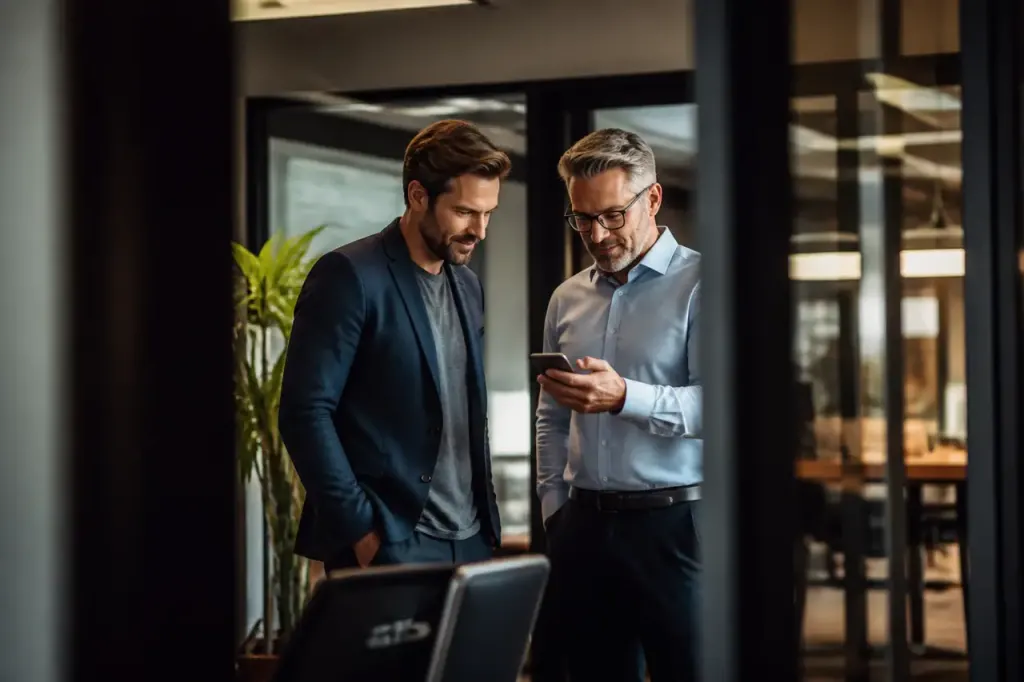 Bureau moderne avec deux cadres observant un smartphone pose