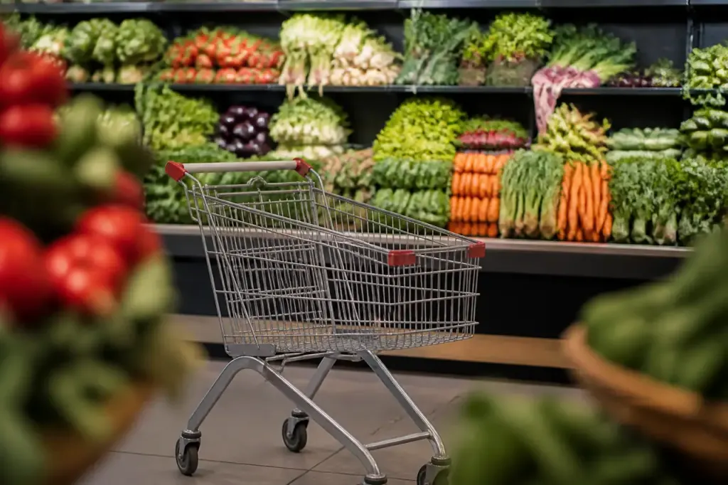 Caddie métallique devant rayon légumes, étiquettes de prix visibles