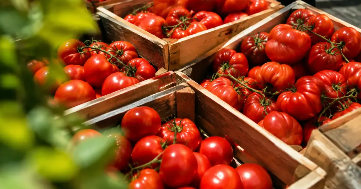 Caisses de tomates rouges au soleil sur un etal