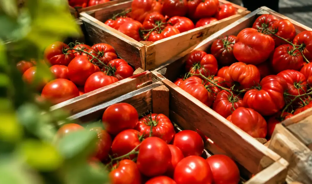 Caisses de tomates rouges au soleil sur un etal