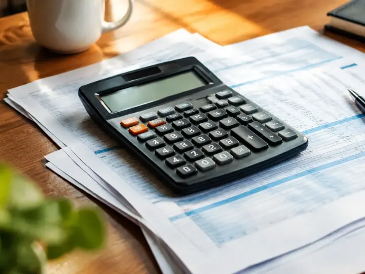 Main tenant une calculatrice posée sur des bulletins de salaire