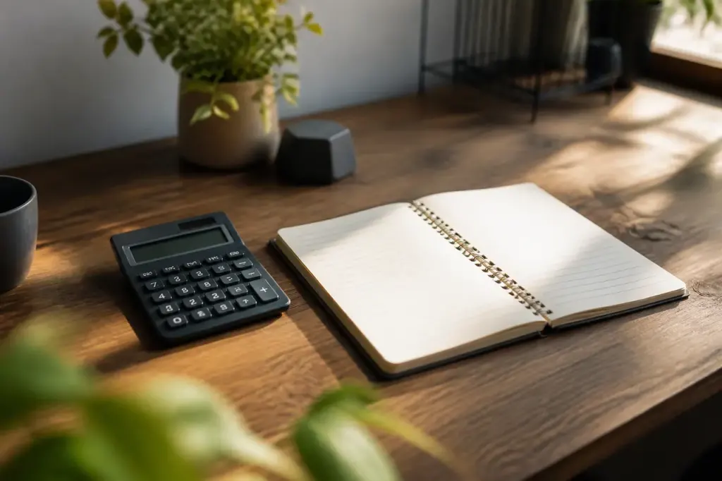 Calculatrice et carnet ouvert sur un bureau en bois