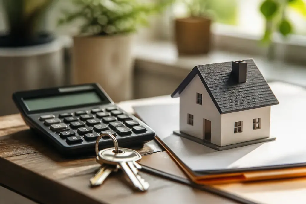 Calculatrice cles et petite maison sur un bureau