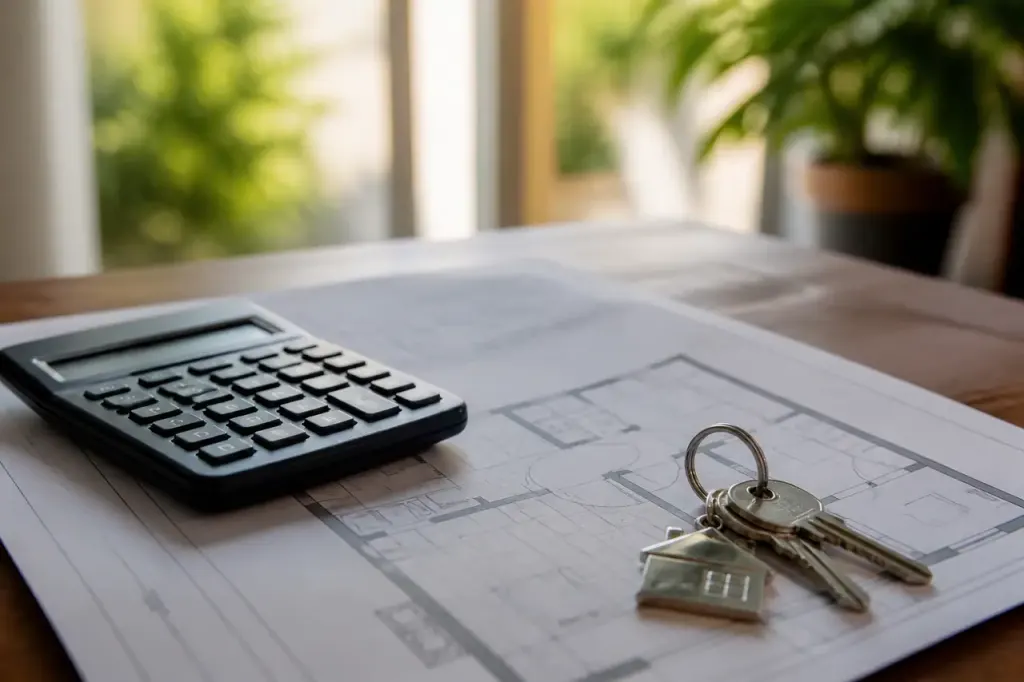 Calculatrice et cles posees sur un plan immobilier