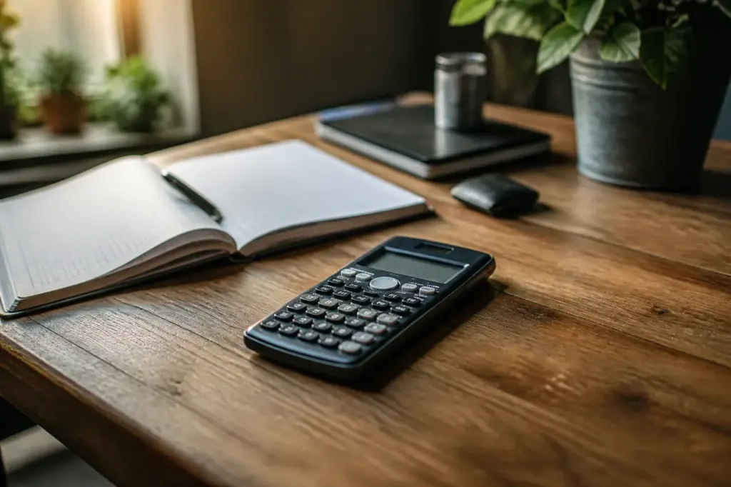 Calculatrice posee sur un bureau avec un carnet ouvert