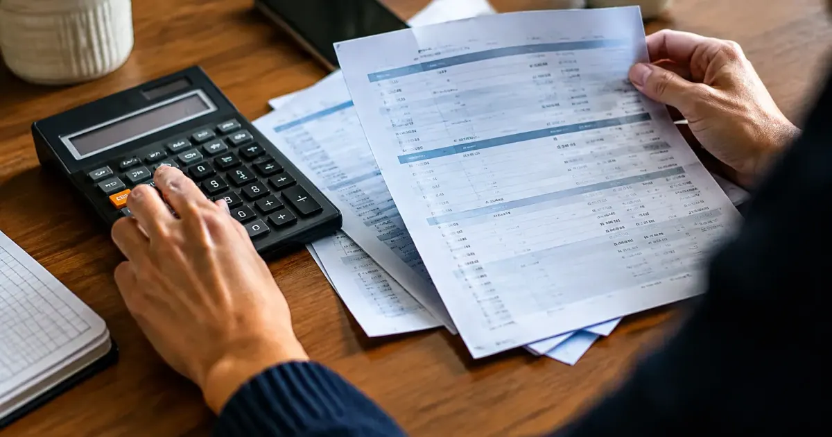 Calculatrice et releves bancaires etales sur un bureau