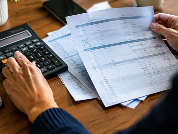 Calculatrice et releves bancaires etales sur un bureau