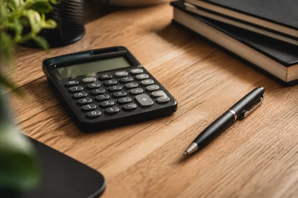 Calculatrice et stylo sur un bureau en bois