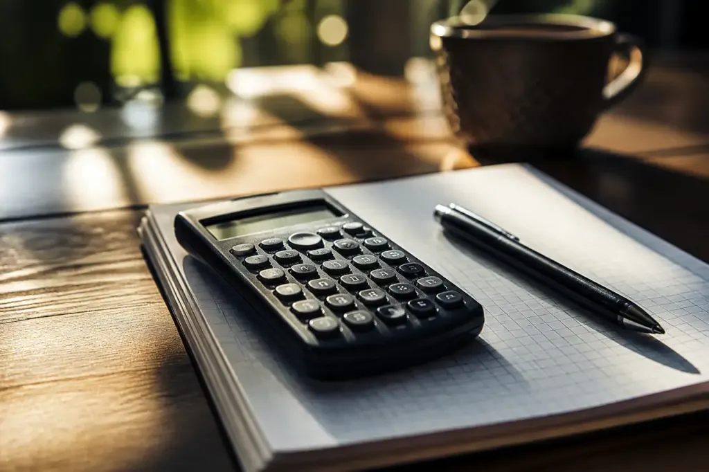 Calculatrice et stylo poses sur un carnet