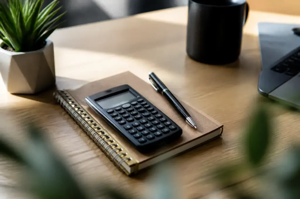 Calculatrice stylo et carnet poses sur un bureau