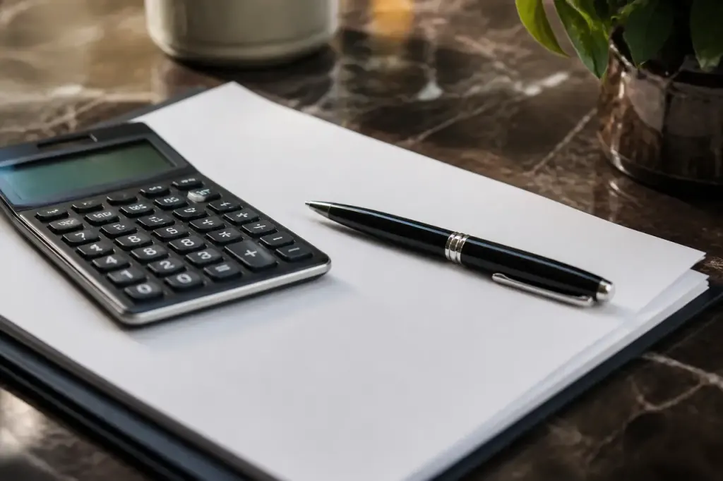 Calculatrice et stylo sur un contrat papier