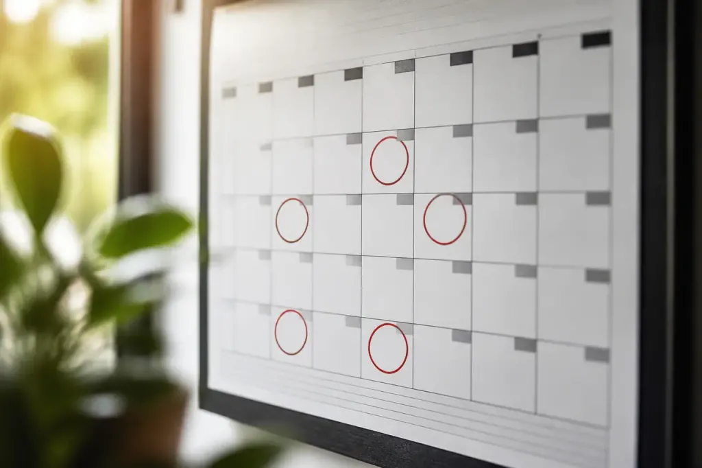 Calendrier mural avec dates entourees au stylo rouge