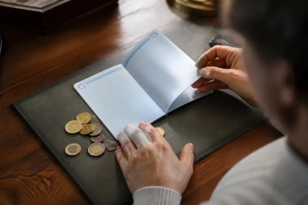 Carnet bleu ouvert sur bureau, pieces de monnaie