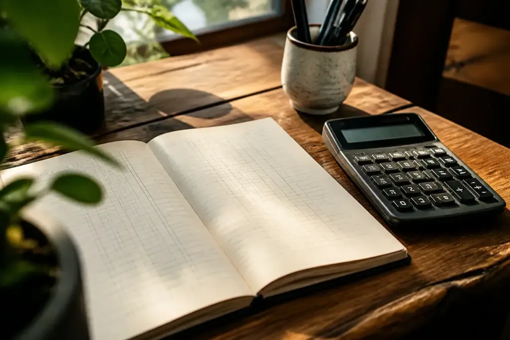 Carnet d'epargne ouvert sur un bureau avec calculatrice