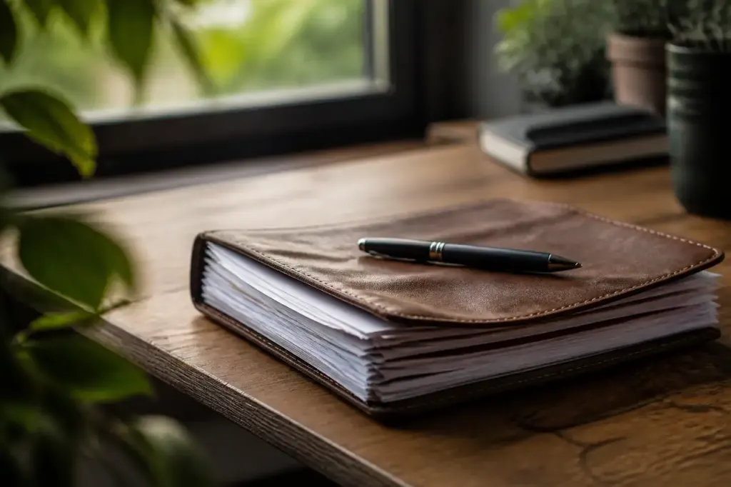 Carnet de factures et stylo sur bureau en bois