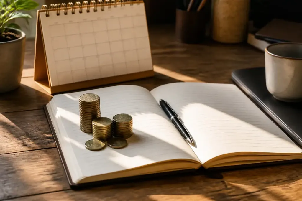 Carnet ouvert avec pieces empilees et calendrier sur table