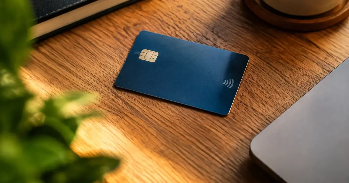 Une carte bancaire posee sur un bureau en bois